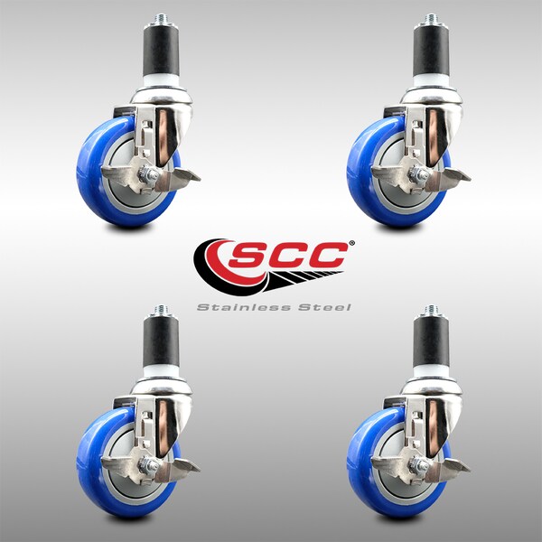 Service Caster 4 Inch 316SS Blue Poly Swivel 1-1/2 Inch Expanding Stem Caster Set Brake SCC SCC-SS316EX20S414-PPUBBLUE-TLB-112-4 - main